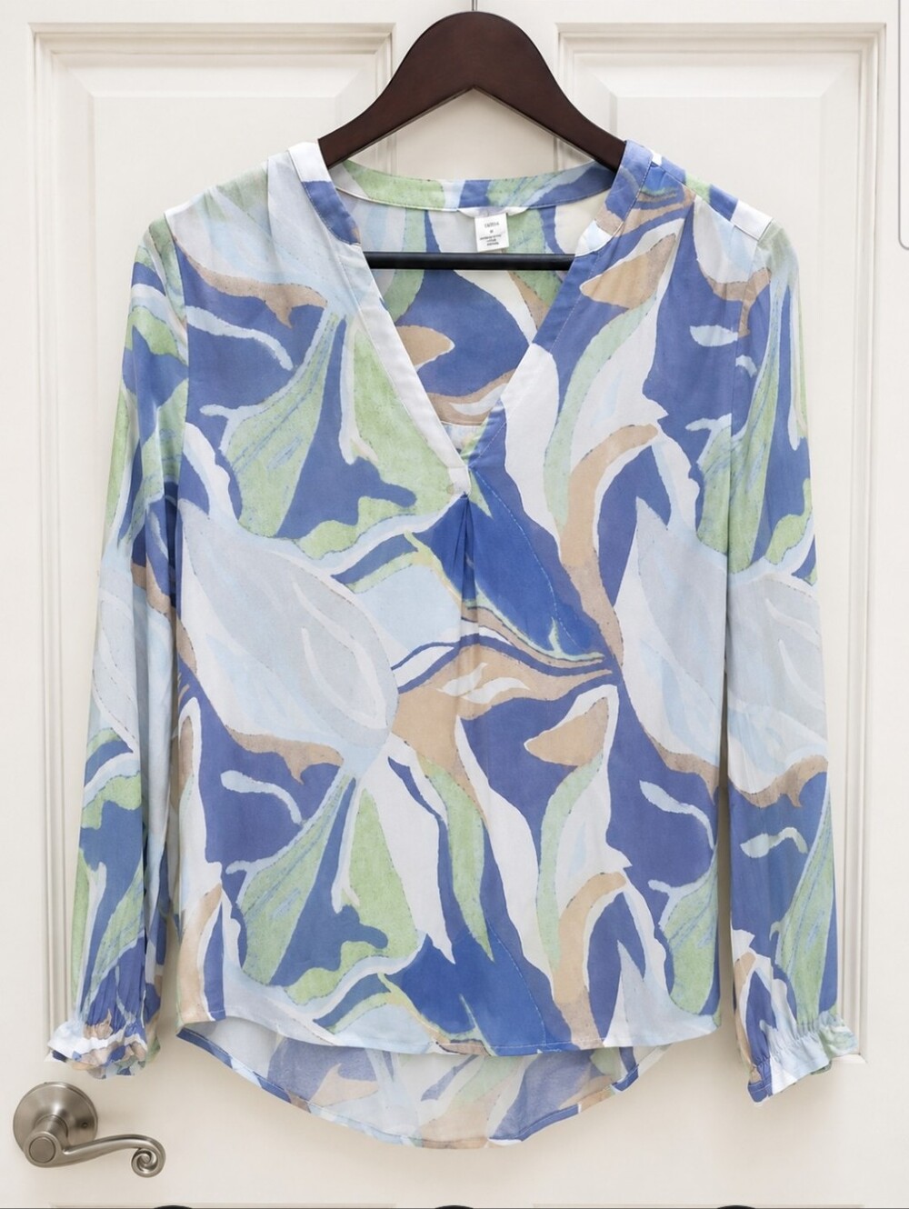 Caslon Blue Green Abstract Watercolor Botanical Split Vneck Top Sz SmP